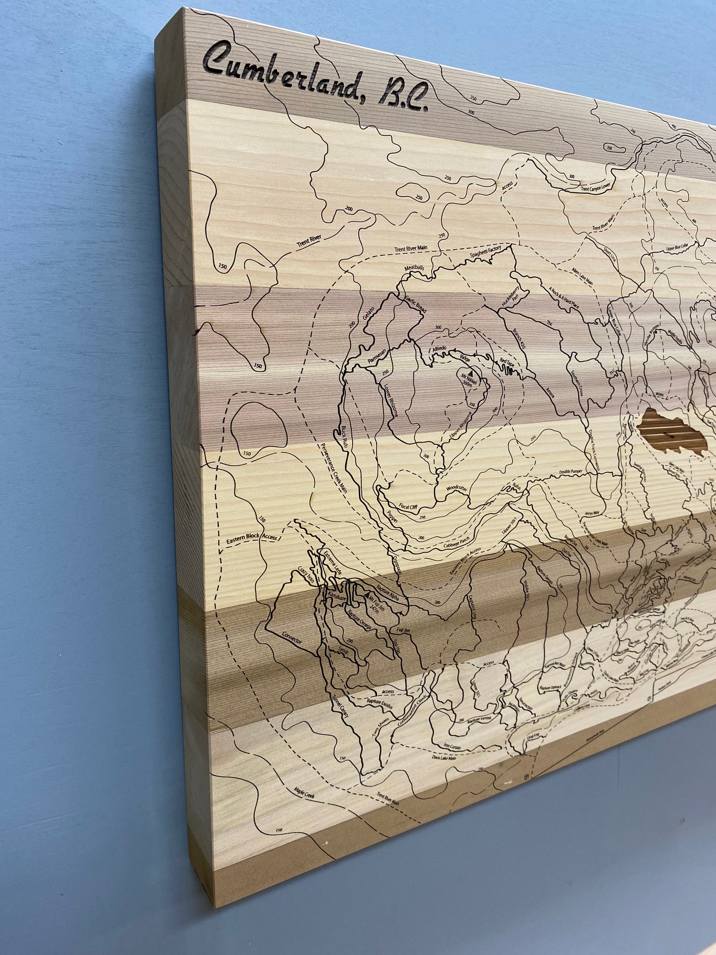 Close up of topographic map of mountain biking trails in Cumberland, B.C.