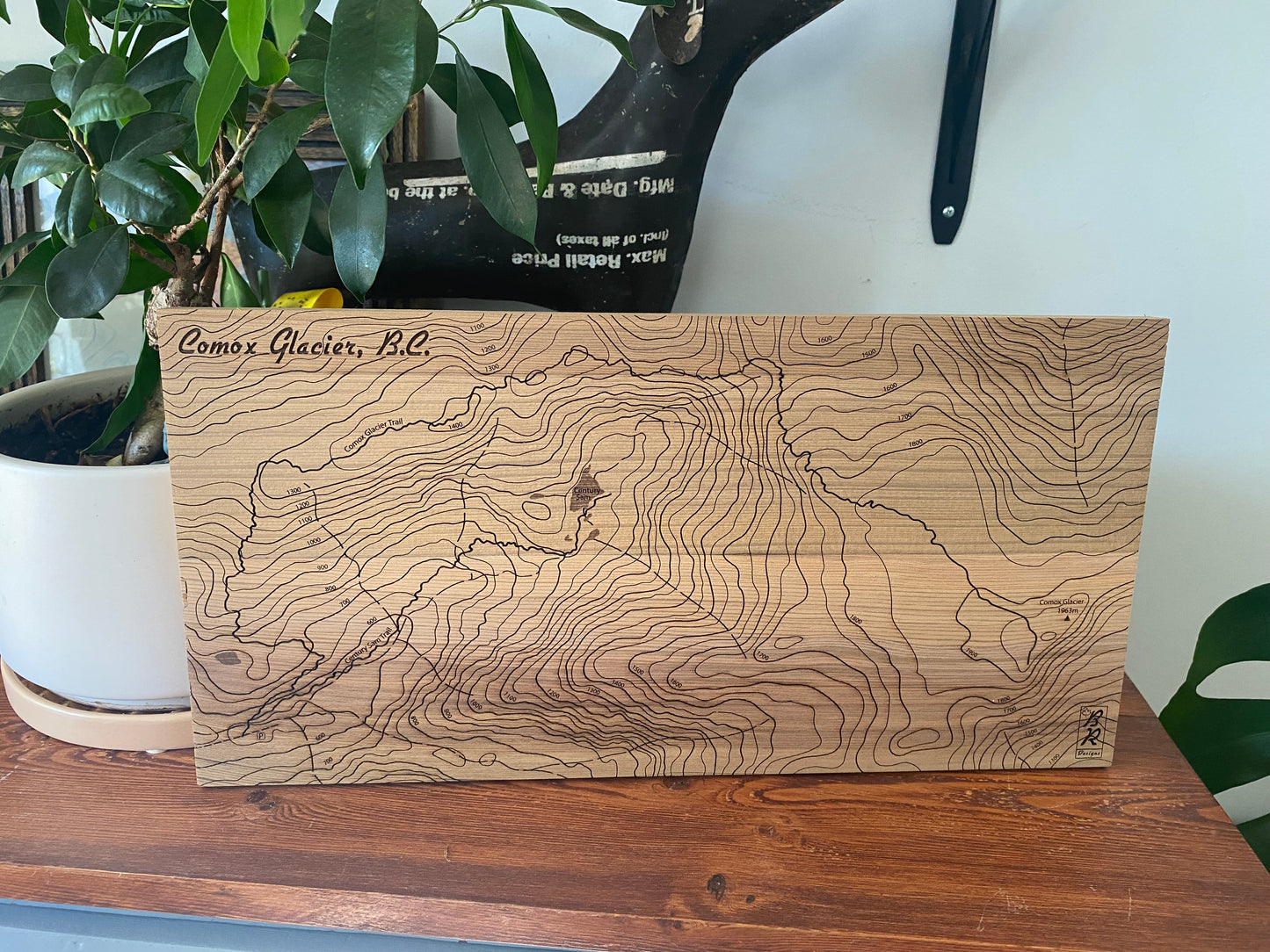 Wooden map of Comox Glacier, B.C. on cedar with plants in the background.