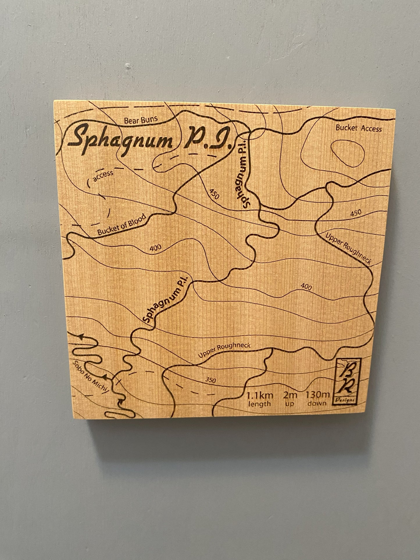 A wooden map tile featuring a detailed trail map of Sphagnum P.I. in the Cumberland mountain bike trails.