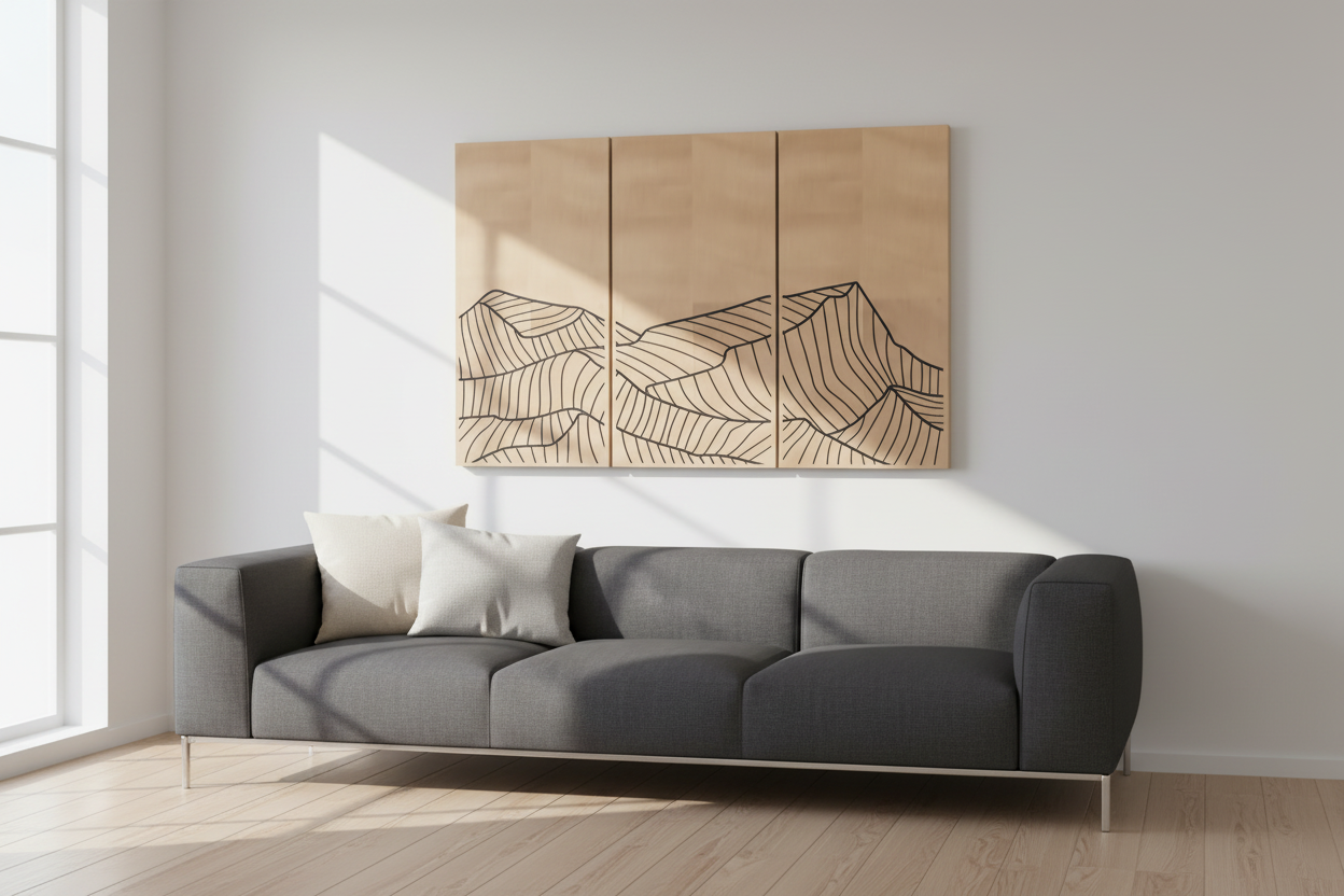 Wooden wall art with line drawing of mountains on a wall behind a clean, modern, dark coloured sofa, with natural light.