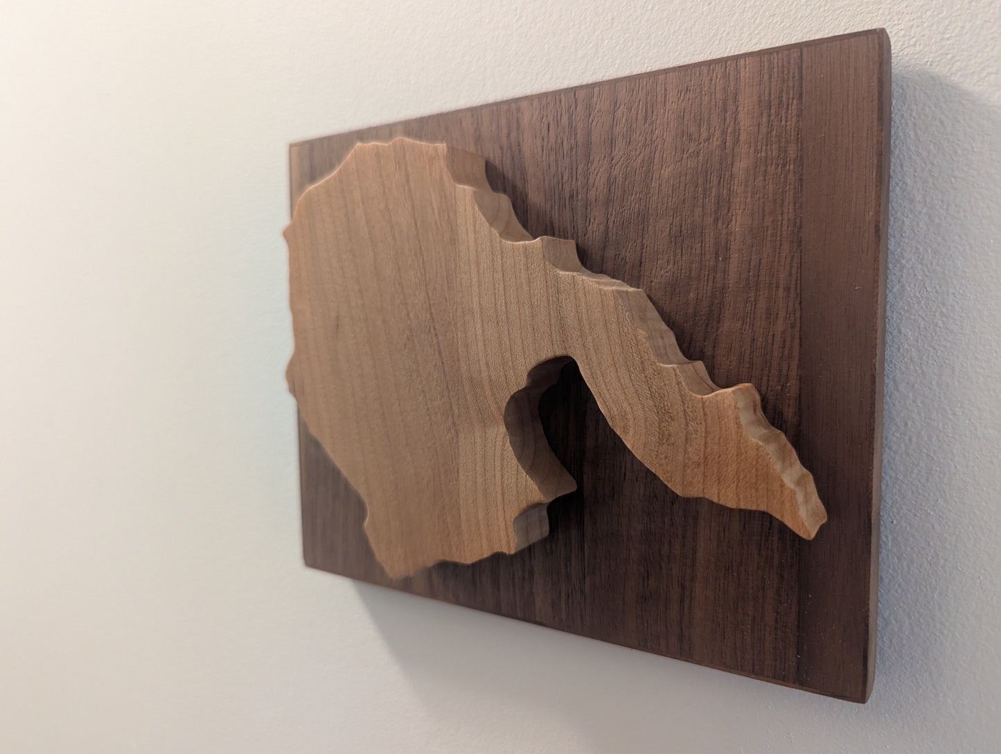 Wooden wall art with a cherry cut-out design of the Hornby Island on a walnut backer.
