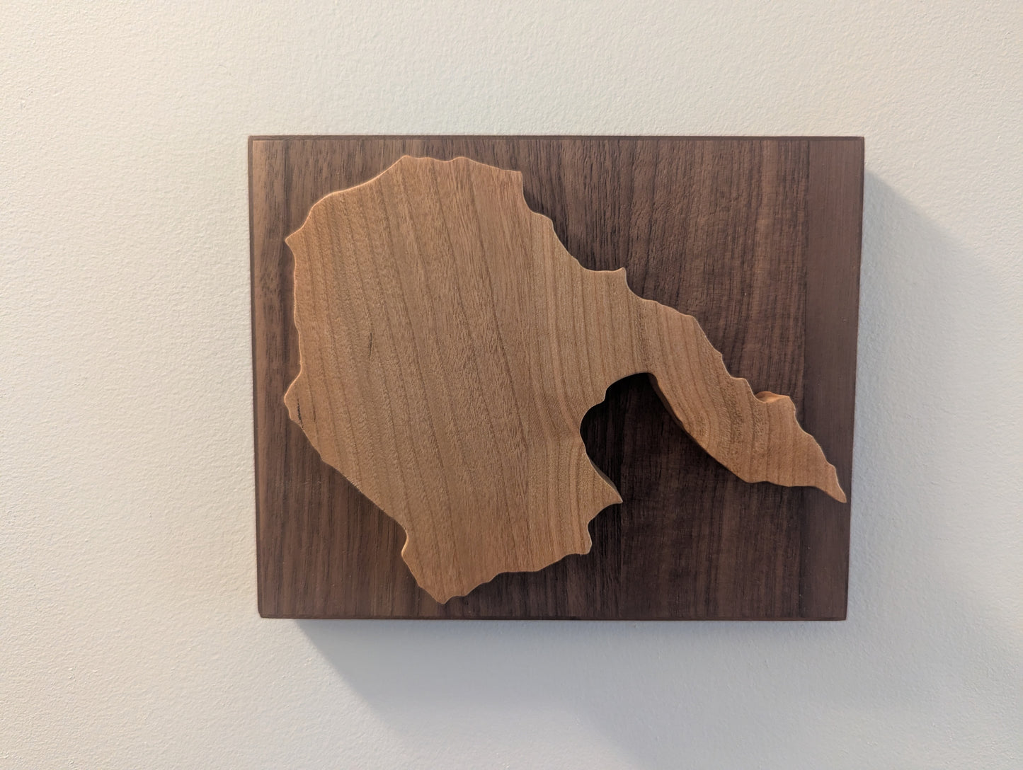Wooden wall art with a cherry cut-out design of the Hornby Island on a walnut backer.