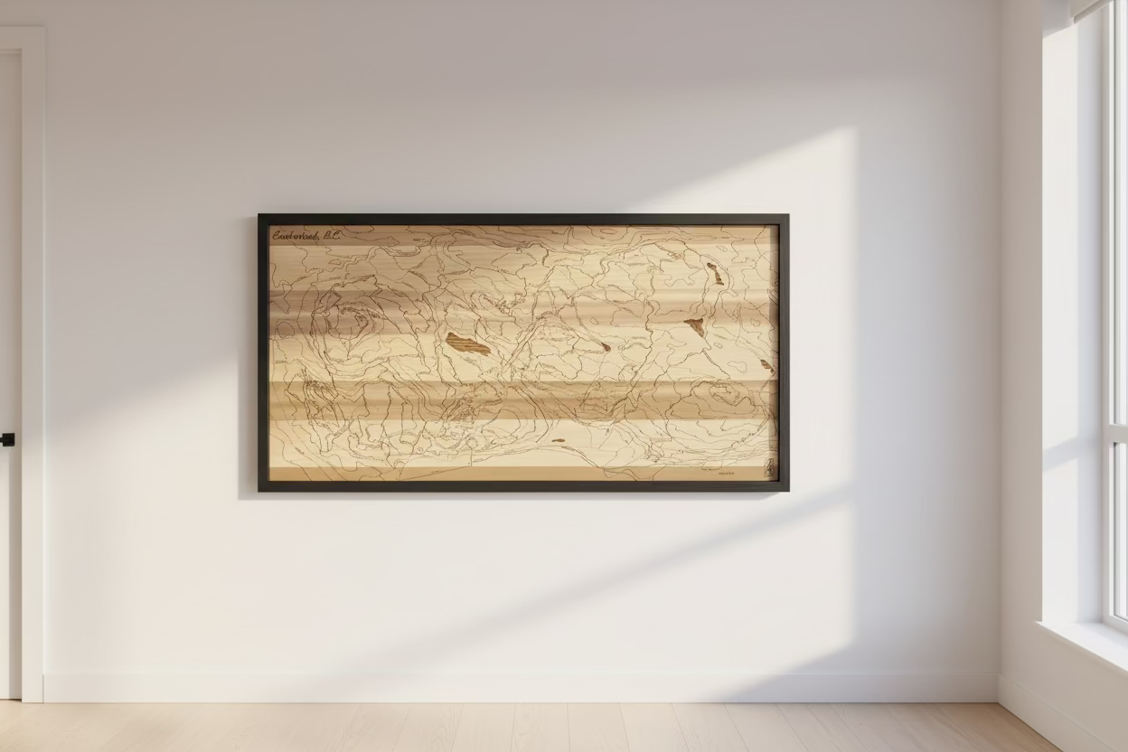 Framed topographic map of mountain biking trails in Cumberland, B.C.