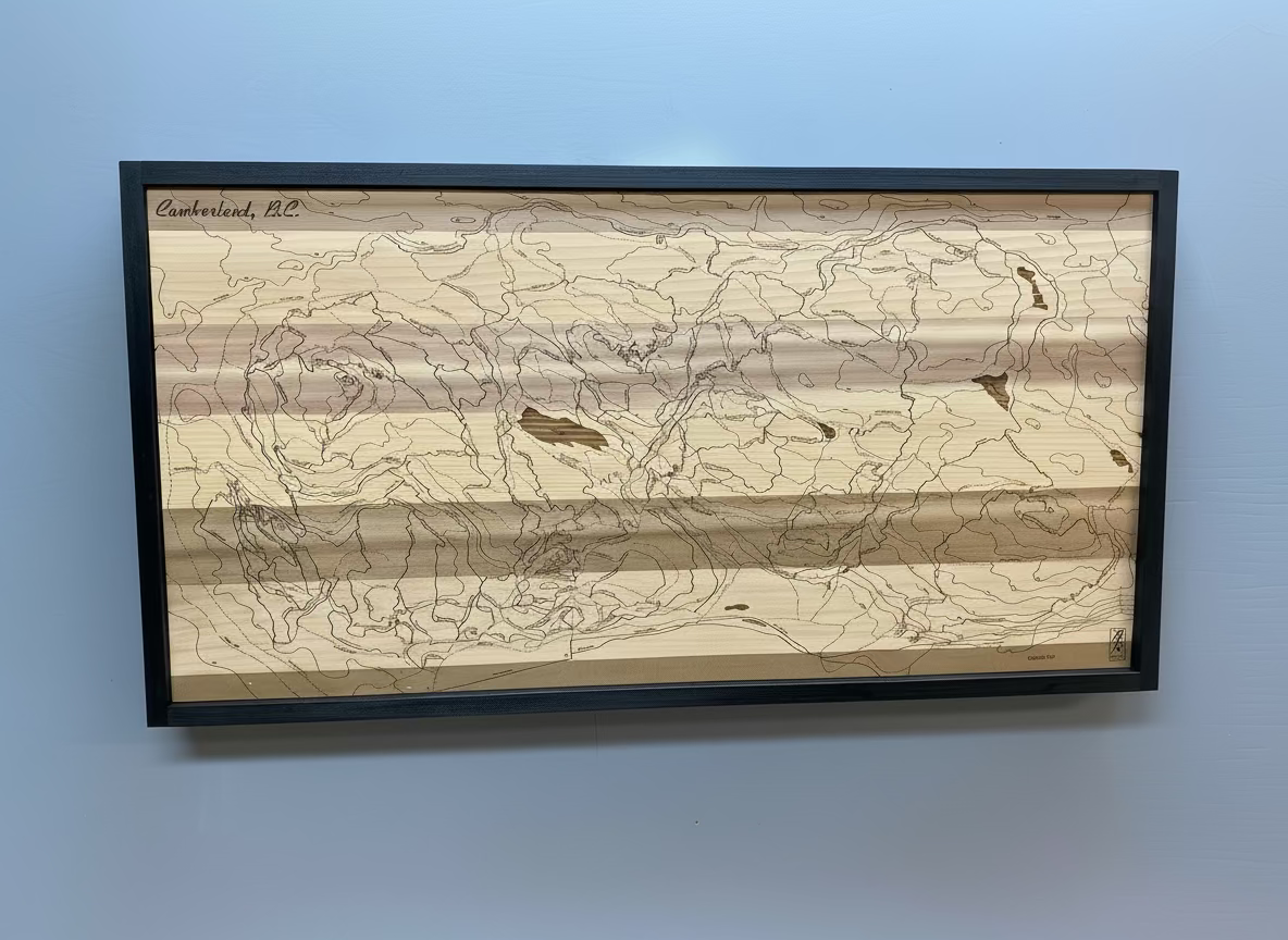 Framed topographic map of mountain biking trails in Cumberland, B.C.