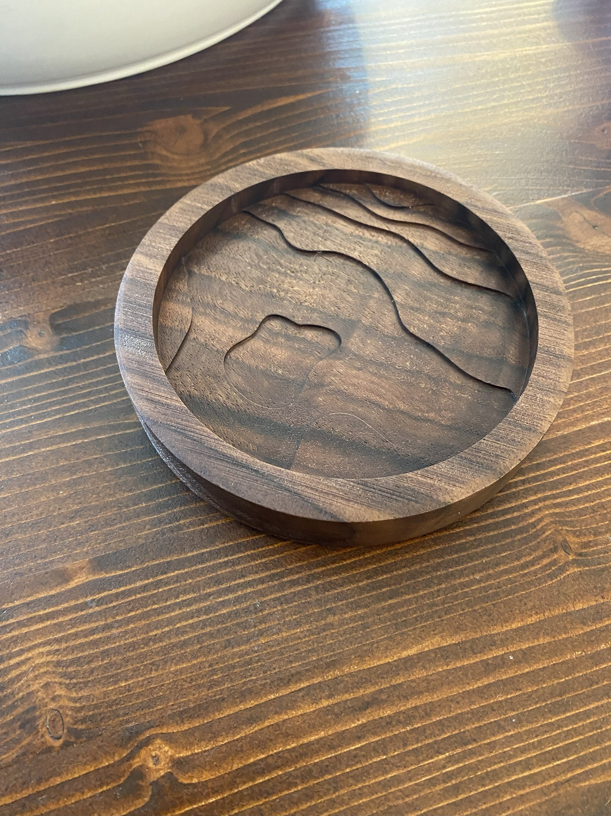 Circular coin tray with topographic details