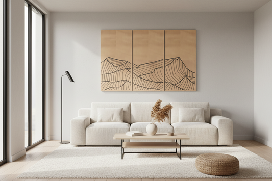 Three panels of cedar with engraved design of mountains hung on a wall above a modern sofa