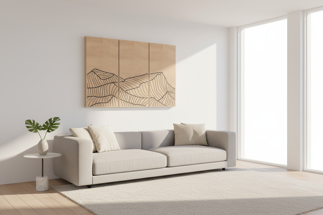 Wooden wall art with abstract mountain design in a modern living room