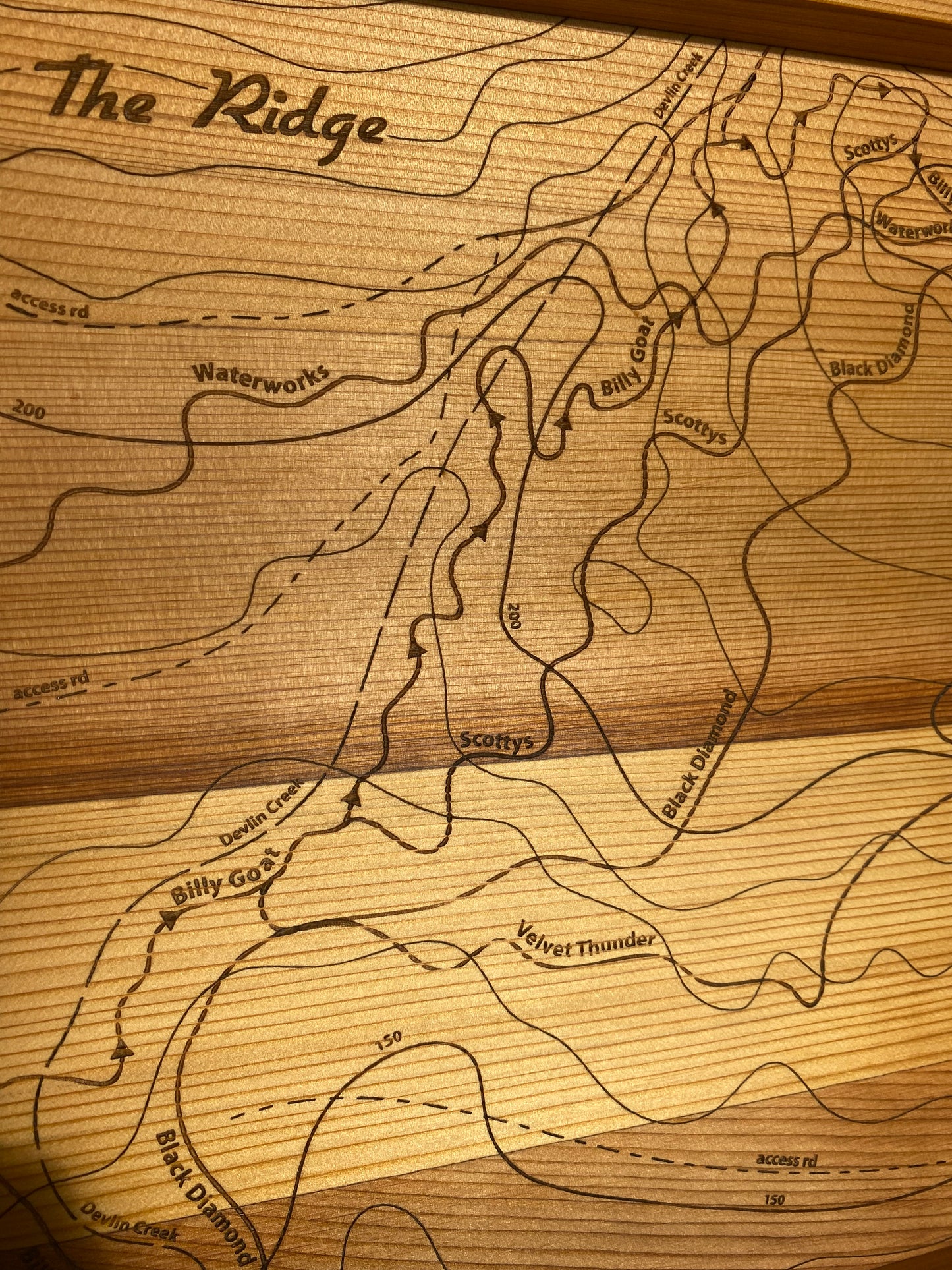 Close up of a framed wooden map titled 'The Ridge' featuring engraved lines representing mountain bike trails.